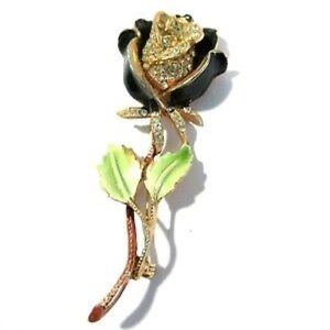 Vintage Kramer of New York Signed Black Enamel Rhinestone Brooch